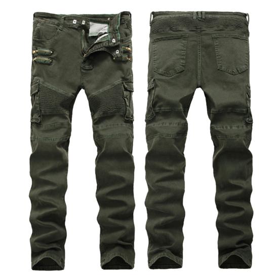 Motorcycle Cargo Pants Pleats Multi Pockets Solid Color Slim Fit Streetwear Hip