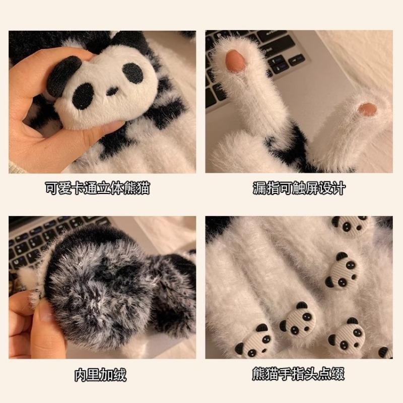 Cute red panda plush knitted five-finger gloves for women in winter, students can ride electric vehicles to keep warm and thicker