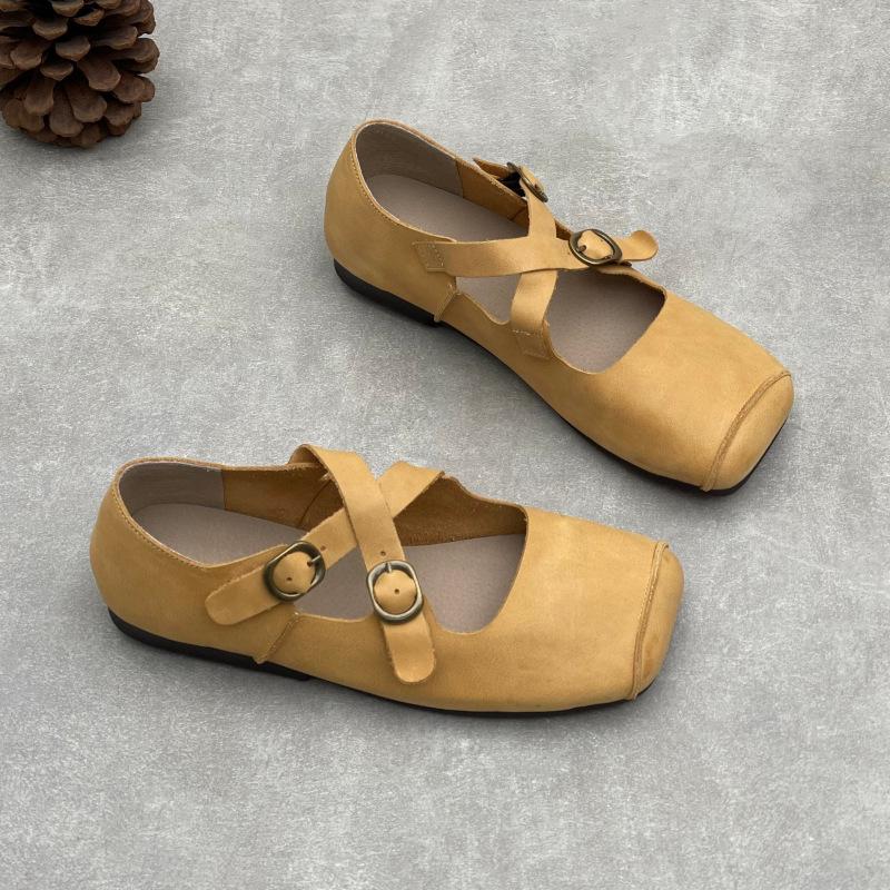 Johnature Handmade Cross Buckle Genuine Leather Soft Soled Flats Square Toe Soft Cowhide Women's Shoes