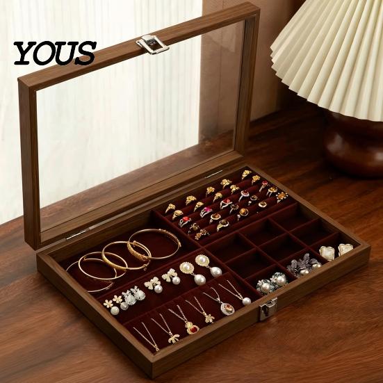 Velvet-lined Jewelry Holder Ring Storage Box, Durable Wood with Compartmentalized Design, Soft Travel Organizer Box Velvet Interior Multi-grid