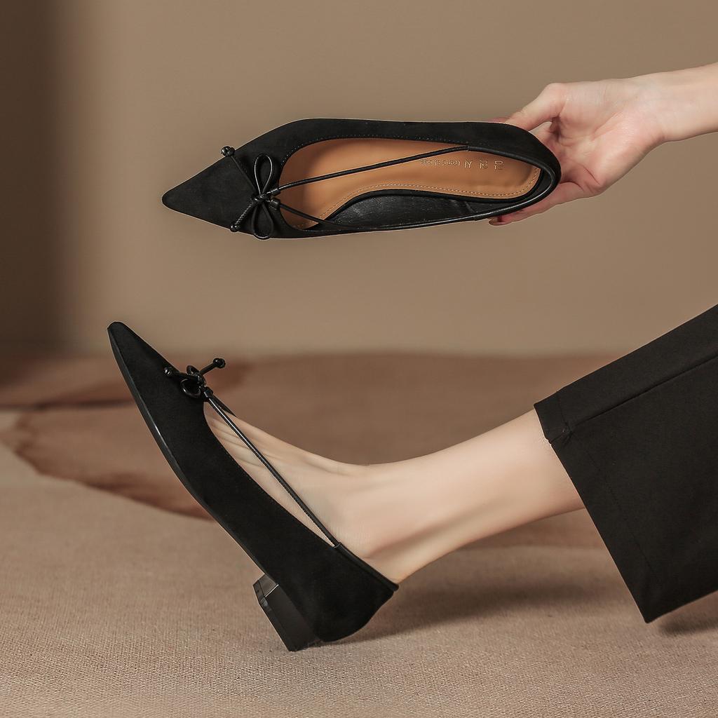 Microfiber suede fashion single shoes women's thick heels pointed bows retro temperament Mary Jane shoes are not tired