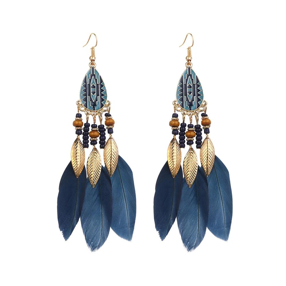 Ethnic Long Feather Drop Earrings For Women Bohemian Tassel Handmade Beads Leaf Dangle Earring Lady Elegant Party Jewelry