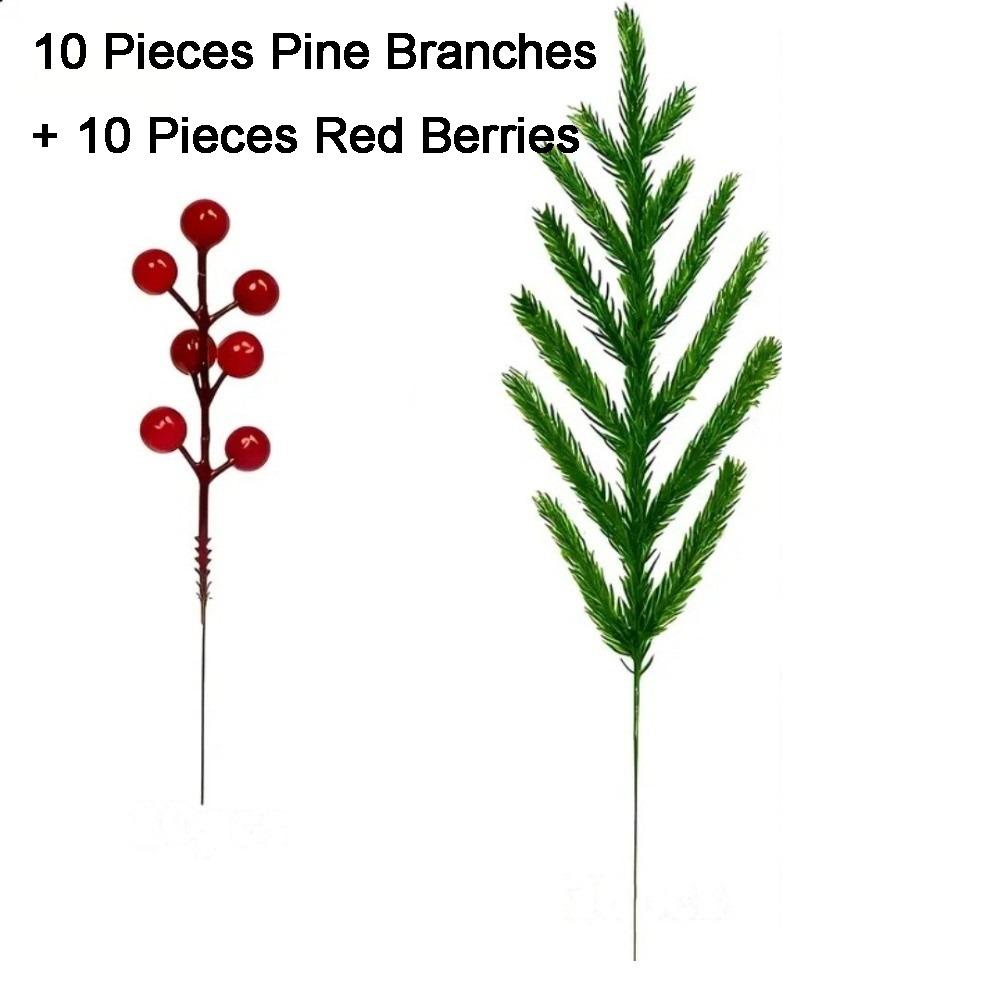 20PCS Plastic Christmas Pine Branches Realistic Decorative Artificial Pine Branches with Red Berries Snow-Capped