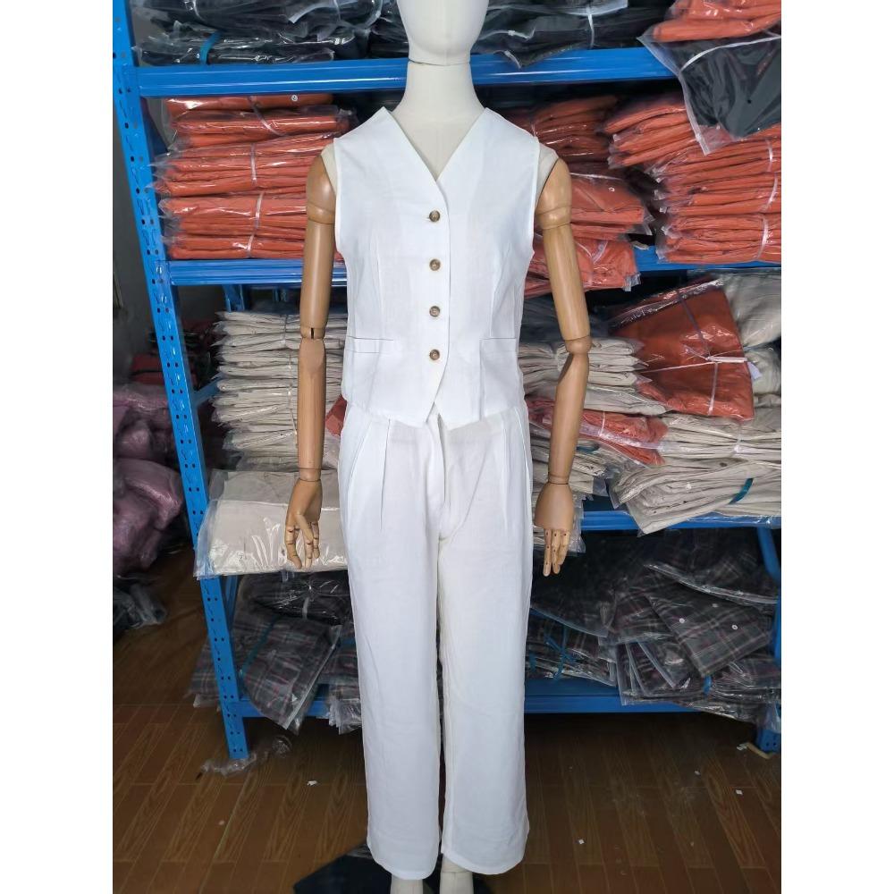 Women's Loose Fit Two‑Piece Outfit Sleeveless Vest Top High Waist Wide Leg Pants Linen Blend Matching Suit For Daily Casual Wear