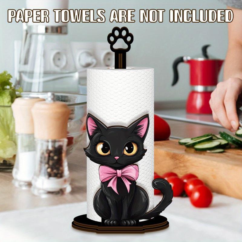 Wooden Base Black Cat Tissue Holder Desktop Decoration Cartoon Roll Paper Standing Rack Cute Food Wrap Storage Rack Bathroom