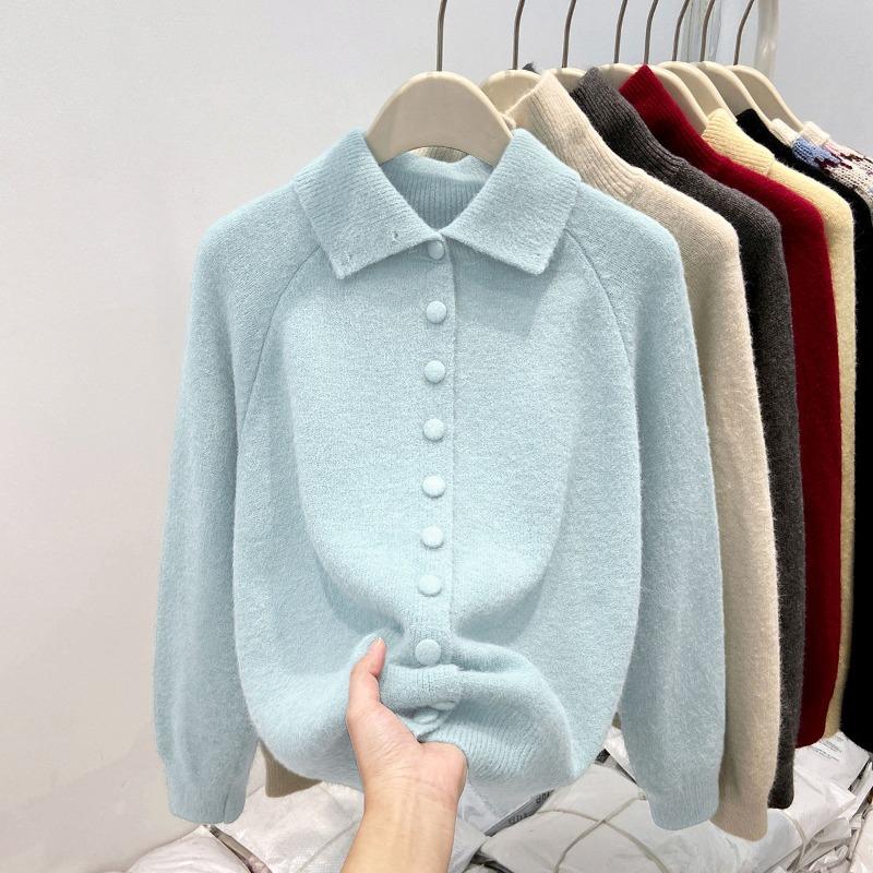 Olo Lapel Knitted Cardigan Sweater Women's Autumn and Winter Thickened Unique Super Good-looking Turtleneck Single-breasted Bottoming Top