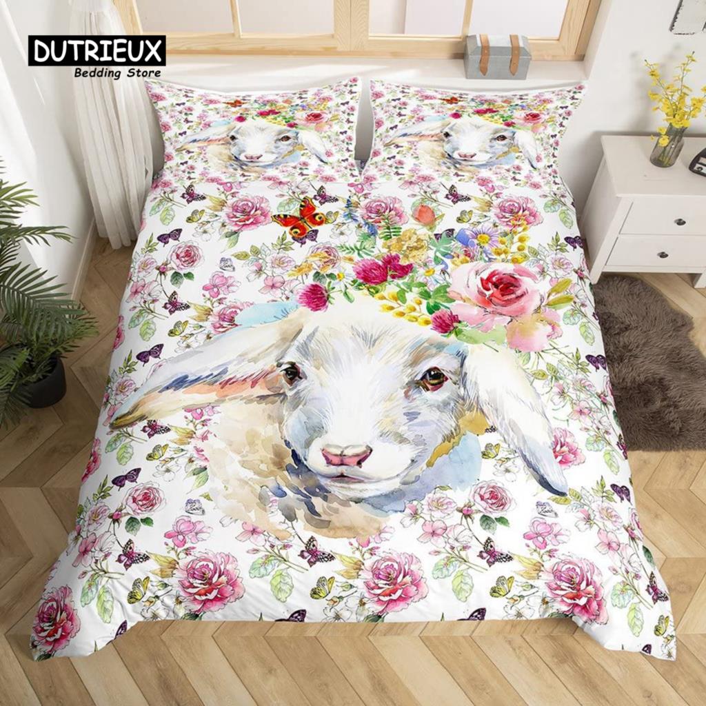 Cartoon Sheep Farm Animals Duvet Cover Set, Butterfly Princess Bedding Set, Soft Comfortable Breathable Duvet Cover
