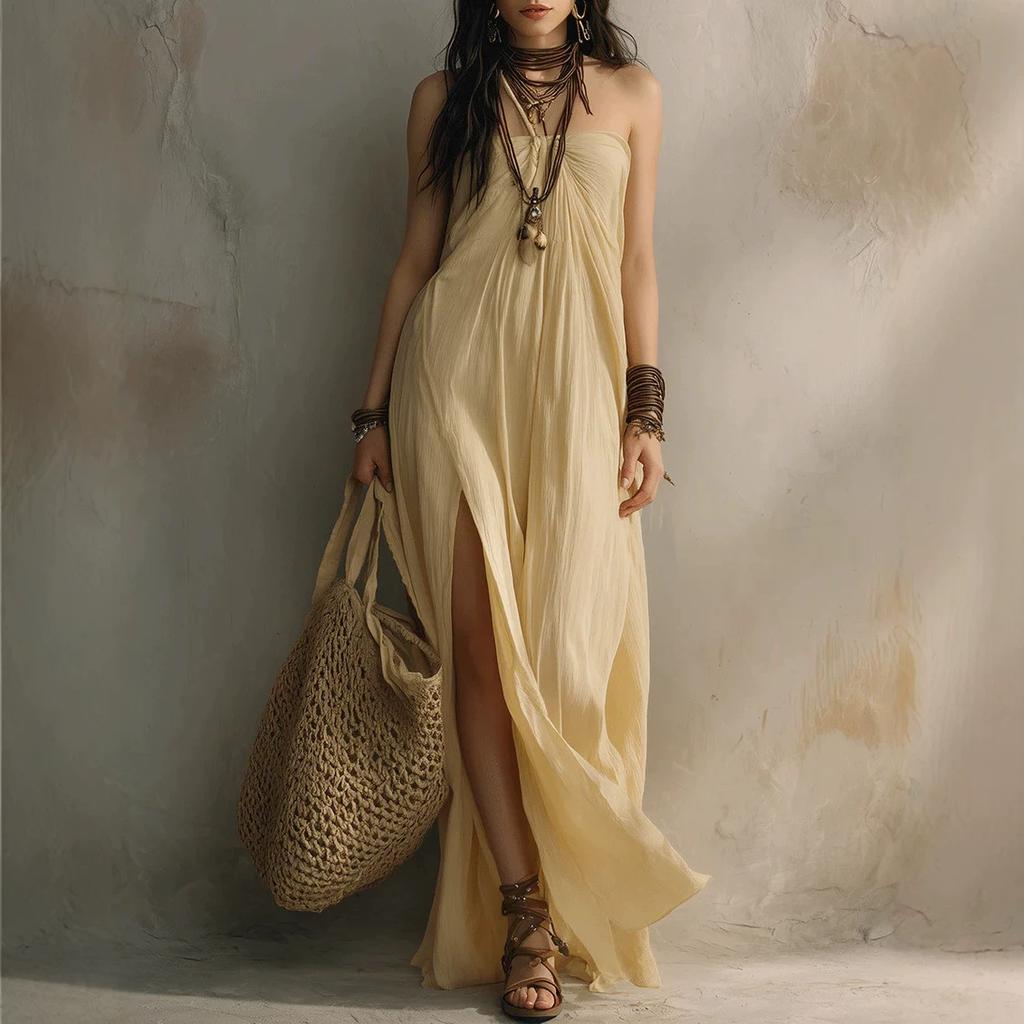 Vestido Maxi Boho Feminino Tomara-que-caia Tubinho Fenda Solto Casual Férias Longo de Praia