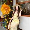Women's French Yellow Floral Mesh Bodycon Dress - Summer Beach Fishtail Style