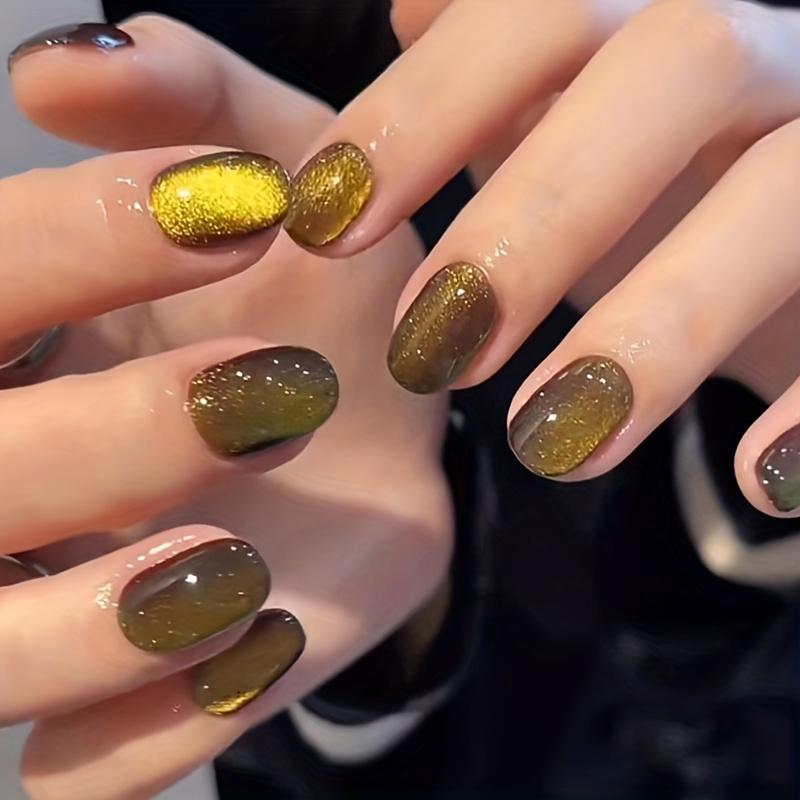 

24 шт. короткие квадратные накладные ногти, желтые накладные ногти «кошачий глаз», супер блестящие накладные ногти для женщин и девочек