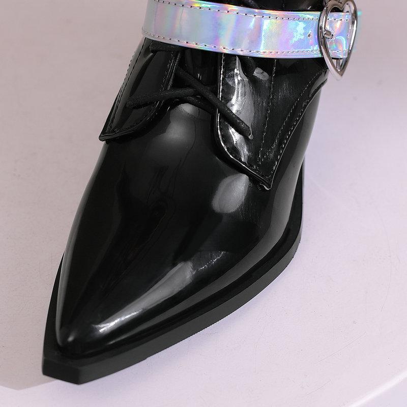 Punk Black White Wedges Boots Women's 2024 Autumn Winter Lace Up Mid Calf Boots Pointed Toe Heart Belt Buckles Shoes