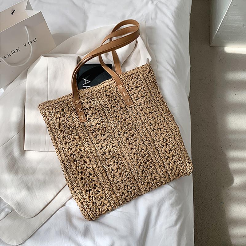 Quadratische Hohlstroh Strandtasche Handgeflochtene Umhängetasche Raffia Rattan Einkaufs-Reisetasche Bohemian Sommerurlaub Lässige Tragetasche