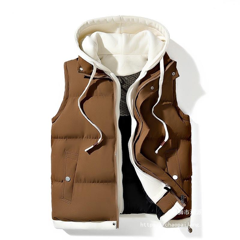High-quality trendy brand hooded vest men's loose down cotton hooded vest warm and thickened cotton vest couple fake