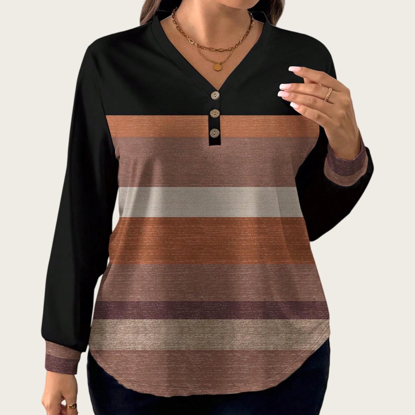 

European American Women s Plus Size V-Neck Stripe Print Long Sleeve Top - Spring/Autumn 4XL