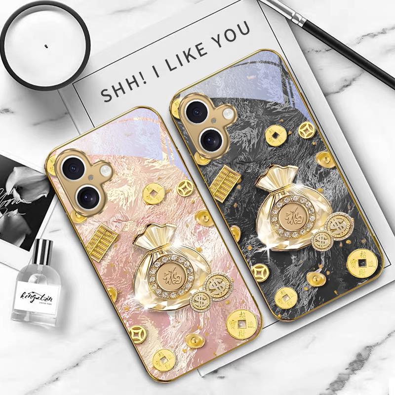 Lucky Bag of Blessings For iPhone 17 Pro Max 16 16E 15 14 13 Plus 12 mini 11 15Pro 17 Air XR X 17ProMax Golden glass phone case