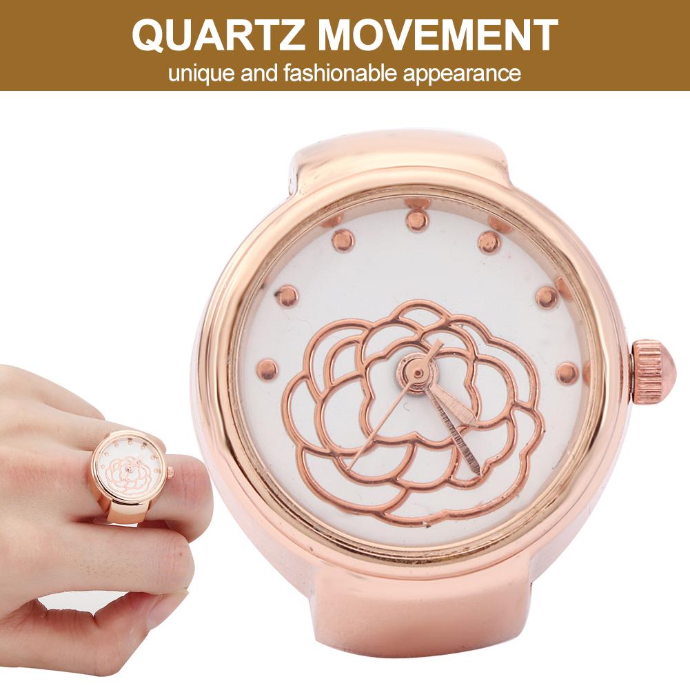 Finger Ring Watch Round Dial Rose Flower Pattern Women Finger Quartz WatchRose Gold