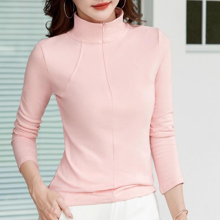 Dámské jarní bavlněné tričko s dlouhým rukávem a polozvýšeným krkem, slim