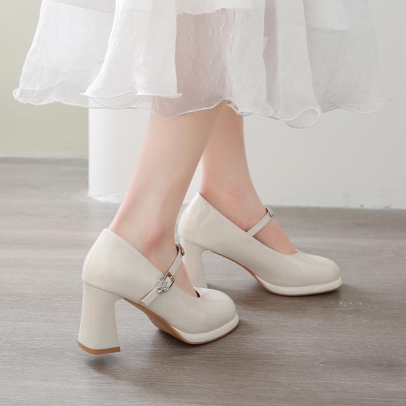 Fashion Summer High Heels Women's Square Head Shallow Mouth Bright Leather Metal Buckle Line with Anti-slip Wear Shoes