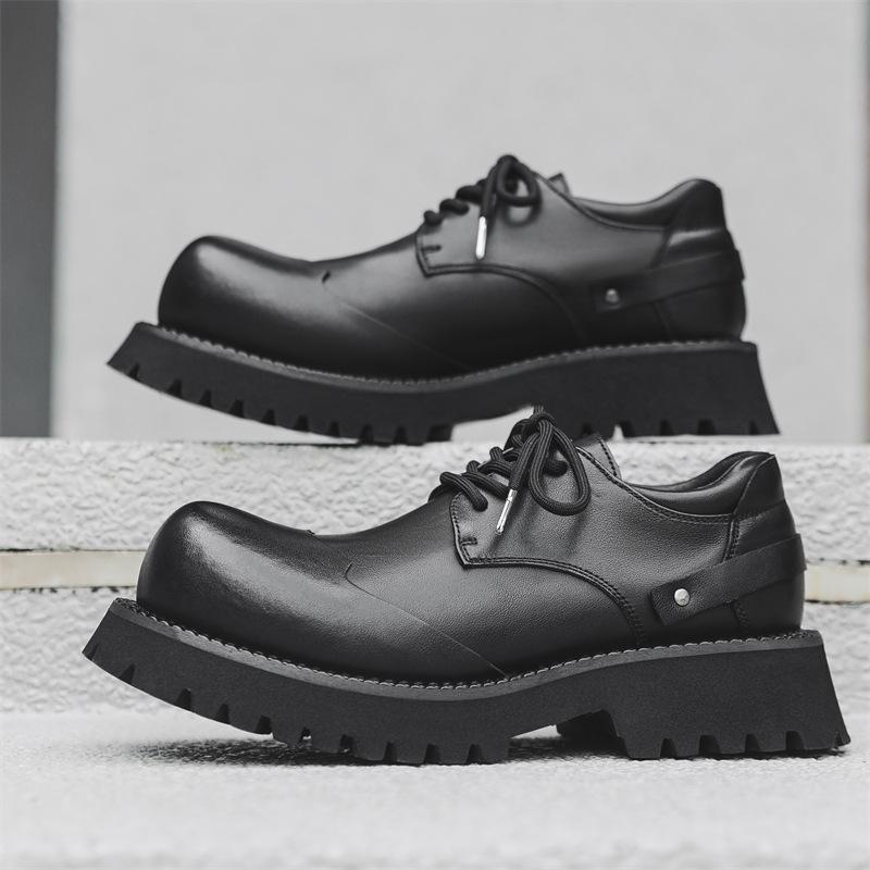 Big head head derby shoes men's thick sole heightening black British style tooling niche leather shoes 66689-J