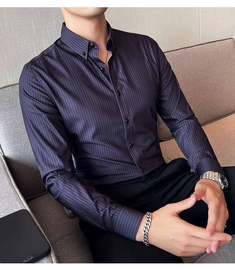 Men's Slim Fit Striped Long Sleeve Shirt - British Style, Trendy Spring/Autumn Casual Wear