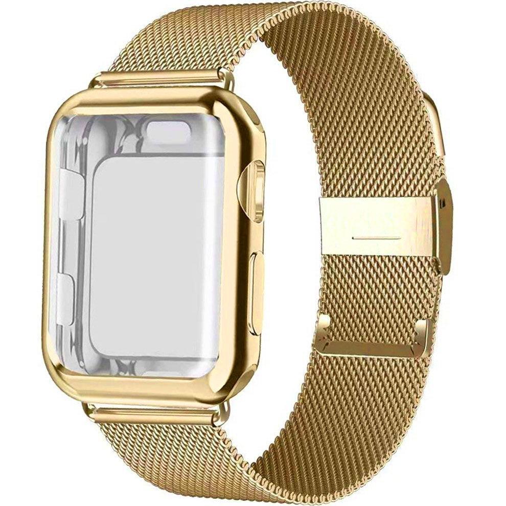 Milanese Loop + Case with Screen Protector for Apple Watch 1/2/3/4/5/6/SE 42/44MM, Gold