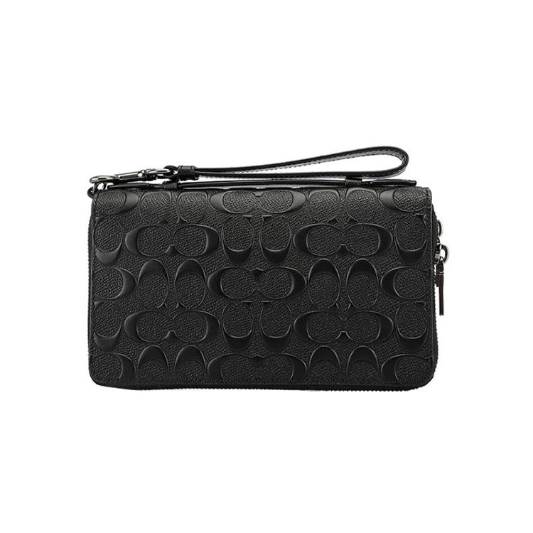 Coach Double Zip Wallet 20 Monogram Embossed Leather Clutch Men Wallet Black 67637-QBBK Basic Set (Bag+Dust Bag)