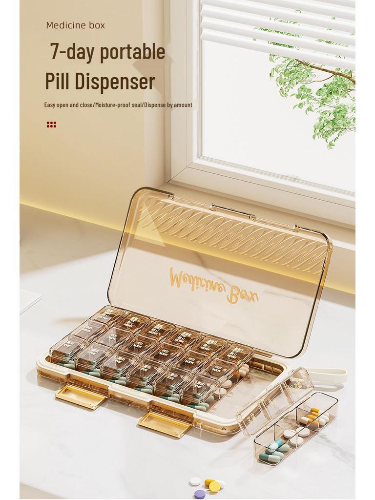 Portable Weekly Pill Organizer with Transparent, Sealed Compartments.