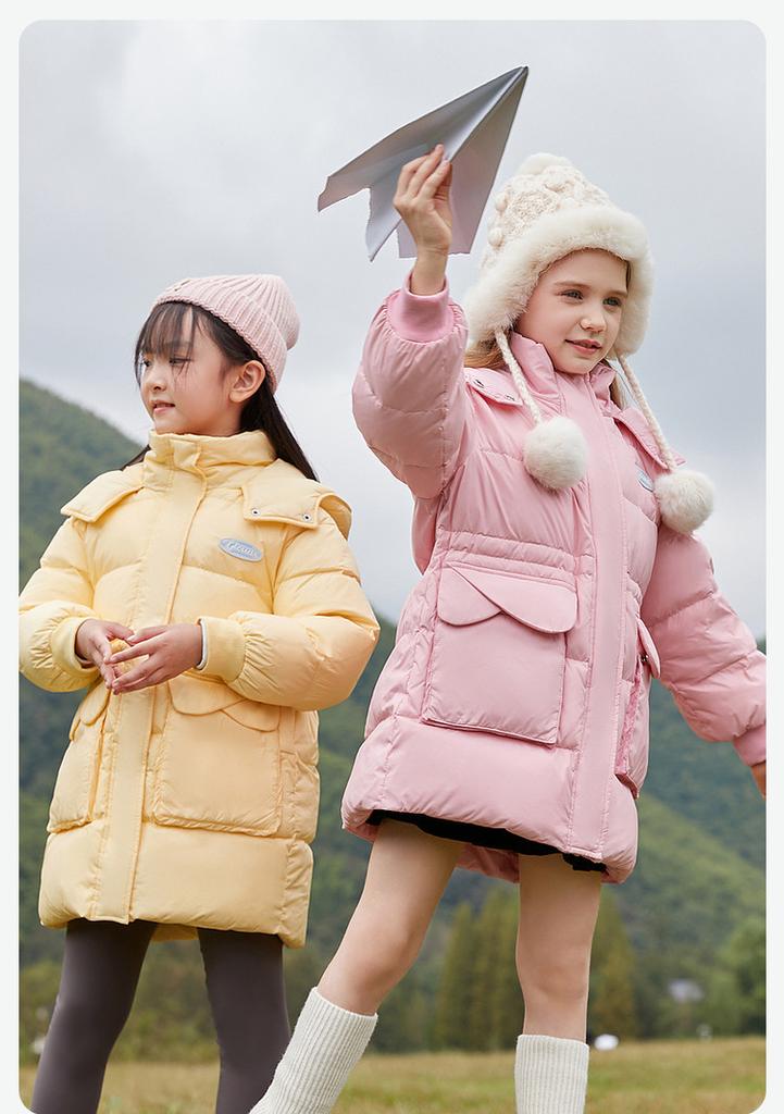 Girls' Winter Mid to Large Children's Winter Clothing Children's Medium to Long Down Jacket with Heat Storage Inner Hooded Waist