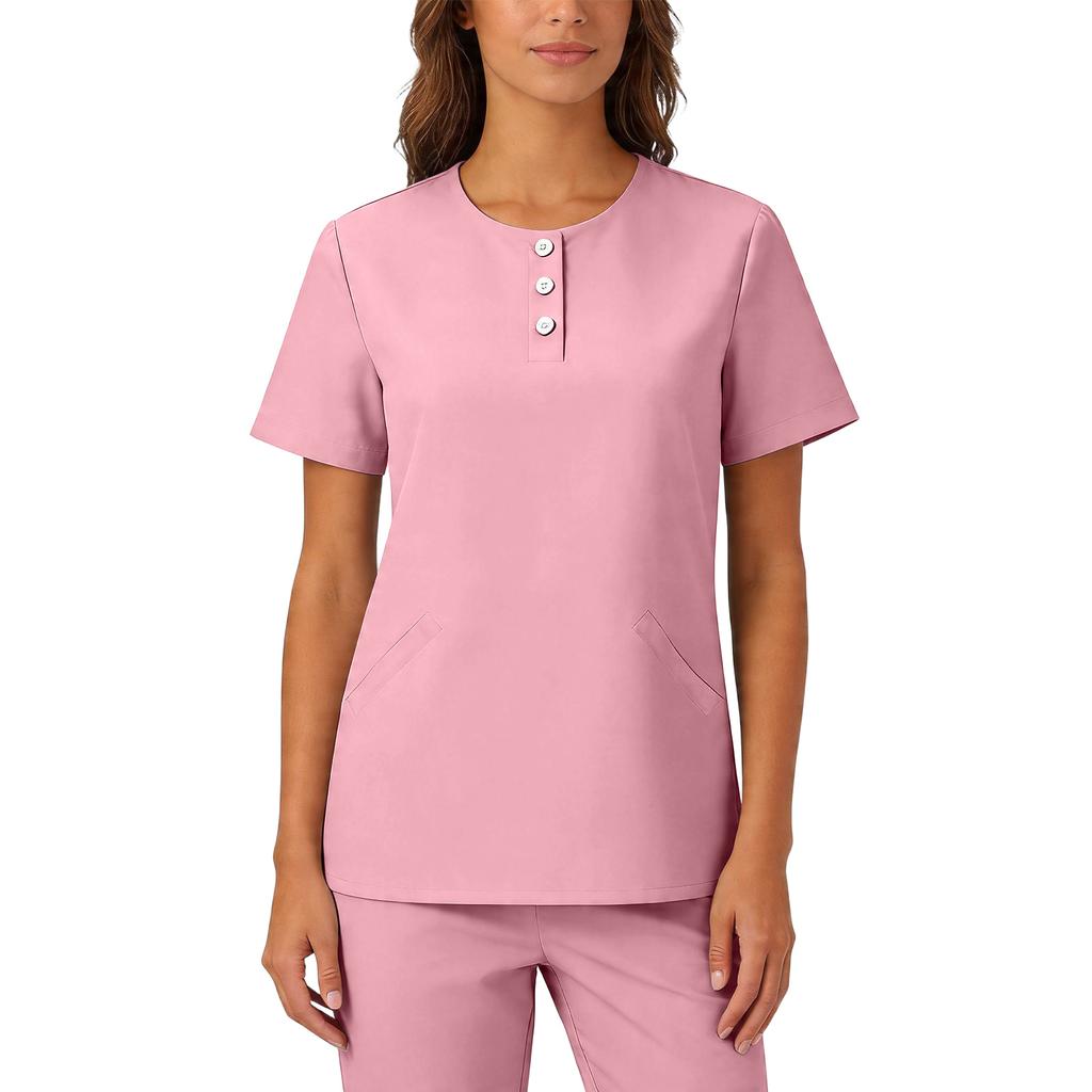 Womens Stretchy Quick Dry V Neck Short Sleeve Top with Pockets Button Front Uniform Blouse for Healthcare Hospitality Service