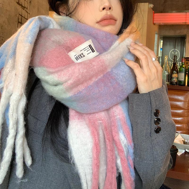 Blue and White Plaid Scarf Women's New Winter Thickened Imitation Cashmere Warm Scarf High-end Knitting