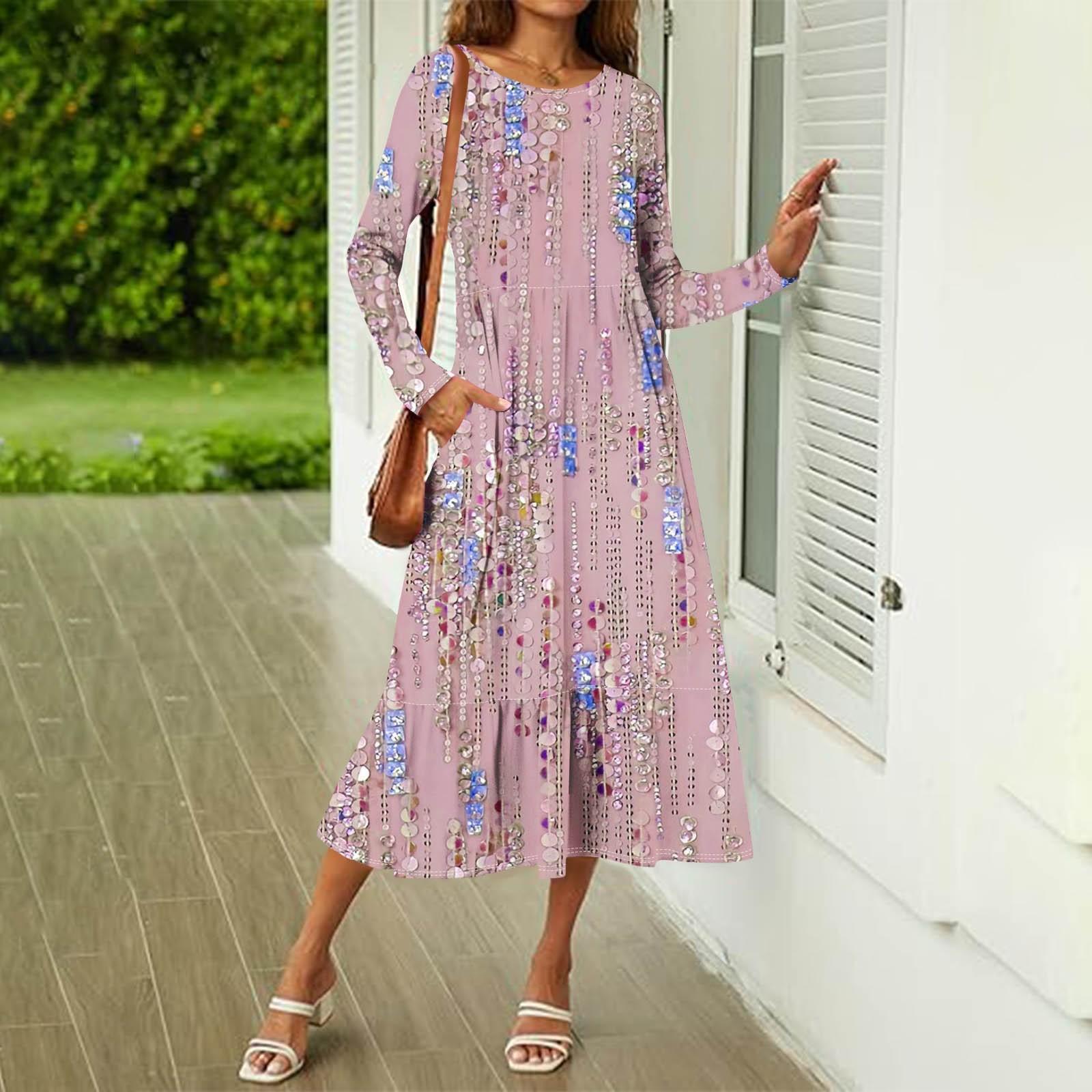 

Женское повседневное платье с принтом, весна-осень, карман, круглый вырез, длинные рукава, платья L розовый