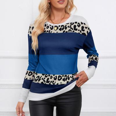 Round Neck Long-sleeved T-shirt Autumn Striped Contrasting Women's Pullover Leopard Knit Top Loose and Fashionable
