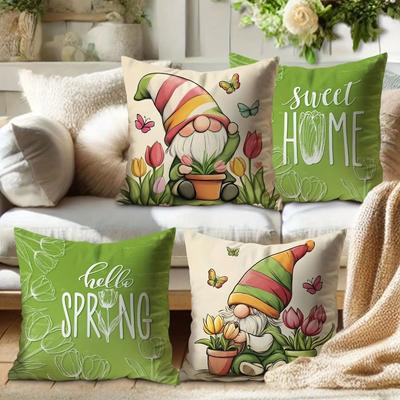 Vikama Spring Floral Gnome Cushion Cover Double-Sided Printed Square Sofa Cushion Cover Bedroom & Office Pillowcase Home Decor