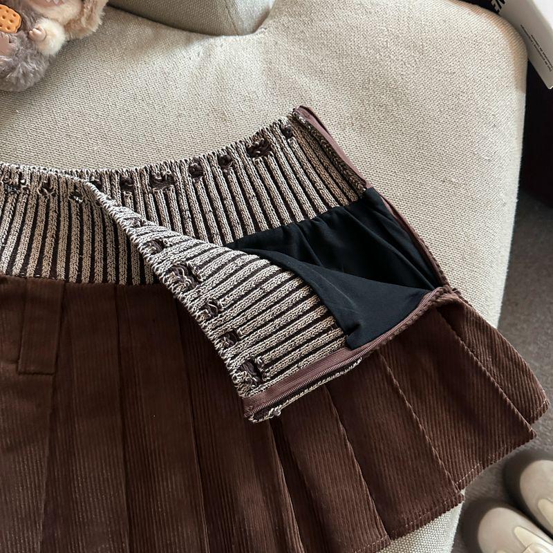 2025 Autumn Korean Style High-Waist Pleated Knit Patchwork Mini Skirt
