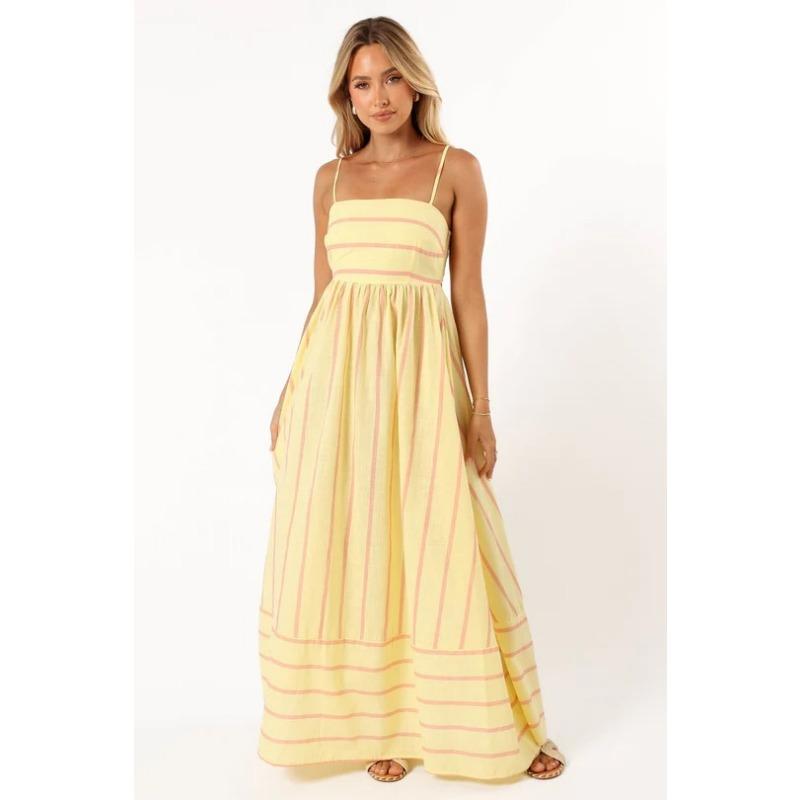 Maxi abito da donna a righe con spalline sottili e vita alta