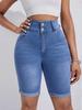 European & American Women's High-Waisted Double-Button Rolled-Up Stretchy Denim Mid-Length Cycling Pants.