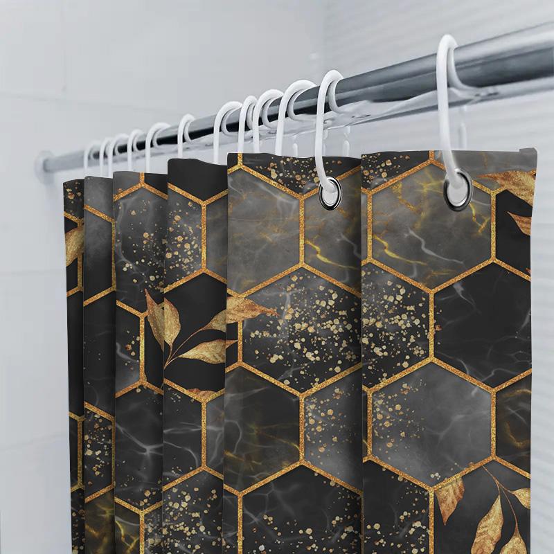 Luxury Hexagon Shower Curtain Set with Black Gold Marble Print for Bathroom Decor Waterproof Fabric Size 72 x 84 Inch (Black/Gol