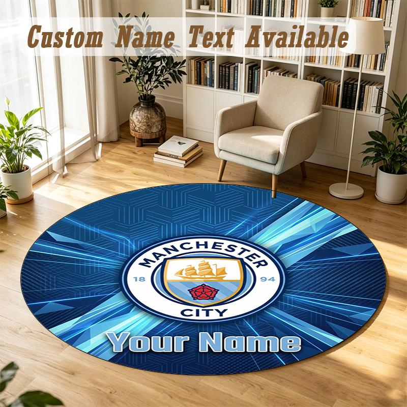 Round Rug Custom NameManchester City Pattern Non Slip Carpet Home Floor Decor