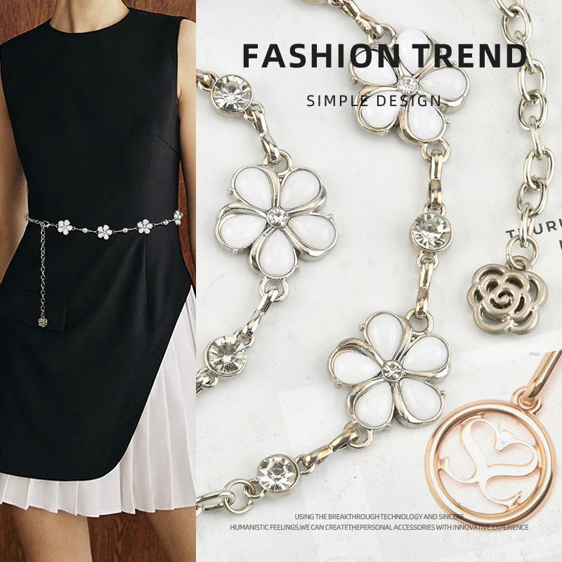 Light Luxury High-end Flower Rhinestone Decorative Metal Waist Chain for Women with Dress Versatile Small Fragrance Style Decorative Chain