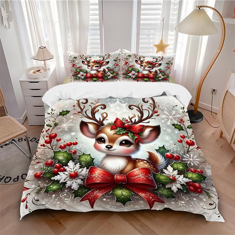 3pcs Christmas Deer Print Bedding Set (1 Cover + 2 Pillowcases, Without Inserts), This Printed Bedding Set is Soft and Comfortable, Suitable for