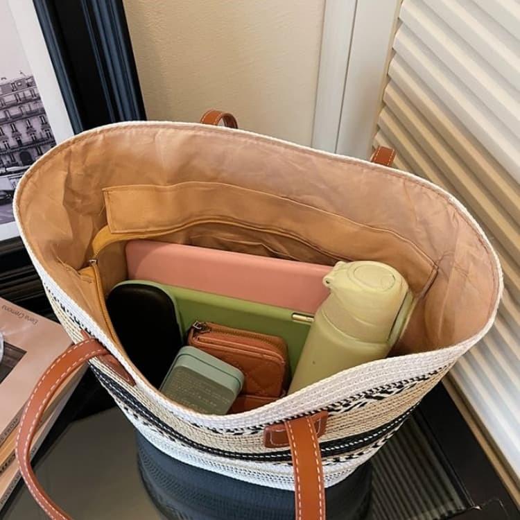 Gestreifte Stroh-Tote-Bag mit großer Kapazität Damen-Handtasche