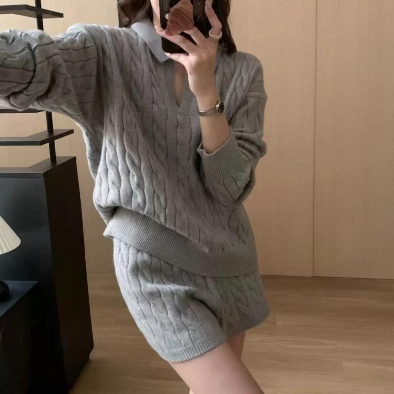 Winter Casual Loose Fit Tracksuit Oversized Pullover Long Sleeve Knitted Sweater Suit High Waist Shorts Two Piece Set Women Clothing