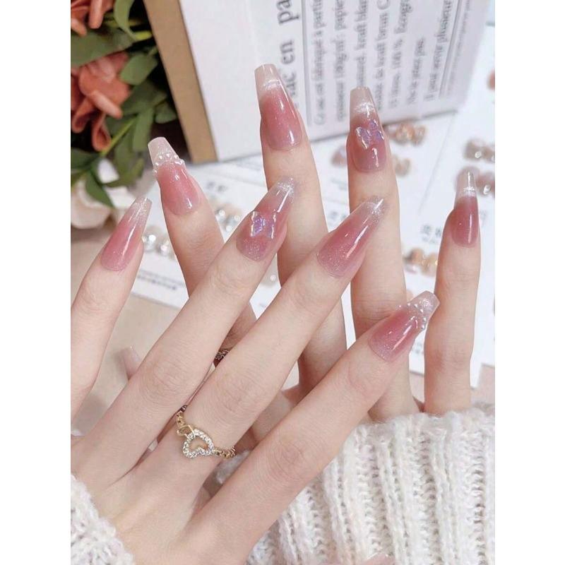 10 Pcs Phototherapy Handmade Blush Butterfly Fake Nails For Women Gift Daily Wear Press On Nails Nail Art Supplies
