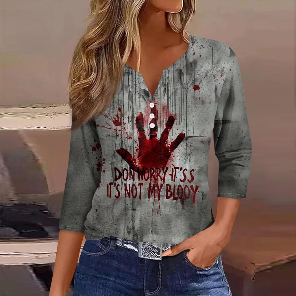 Damesmode Casual Halloween Print V-hals Korte Mouw Decoratieve Knop Driekwart Mouw T-shirt Top