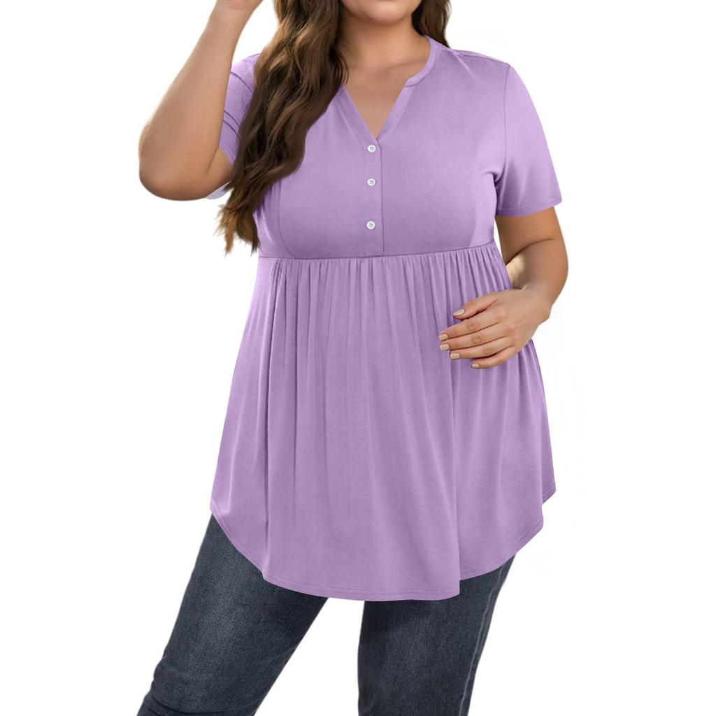 Women's Solid Color Large Size  V Neck Button-Up Top Casual Short Sleeve Flowy Top