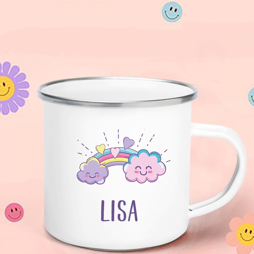 Regenbogen-Wolken-Print Emaille Kaffeetasse Wasser-Milch-Becher Personalisierter Name Kindergeburtstag Party Dekoration Weihnachten Kindertag Neujahrsgeschenk