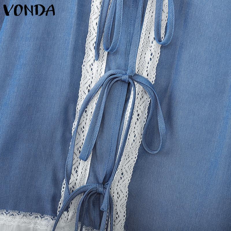 VONDA Women Casual Short Sleeve Lace Patchwork Bow Knot Cropped Blouse