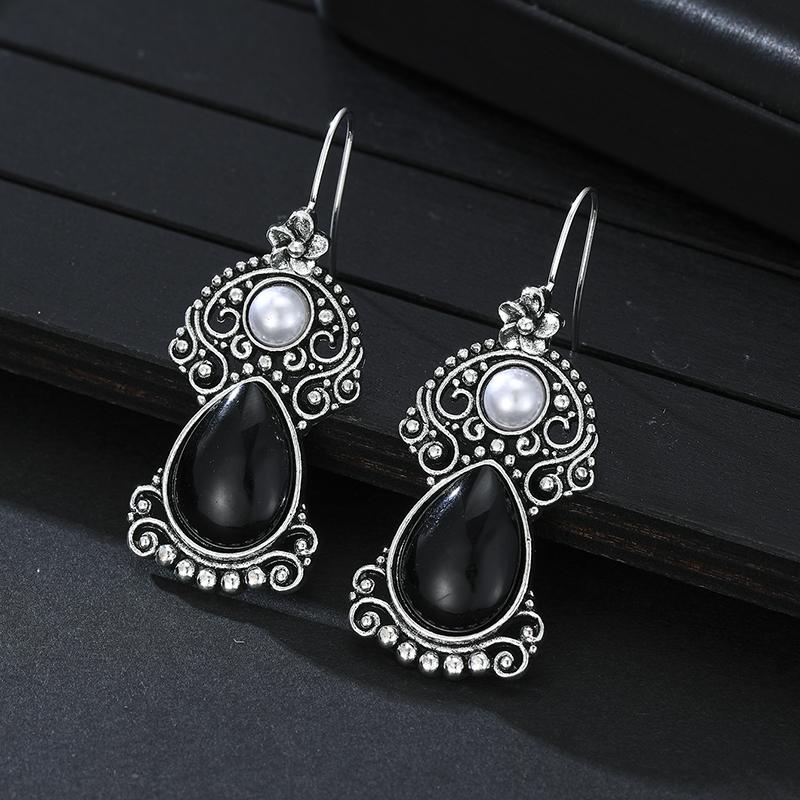 

Hollow Copper Color Pattern Black Teardrop Shaped Stone Pendant Earrings with Ethnic Style Women s Holiday Party Accessories