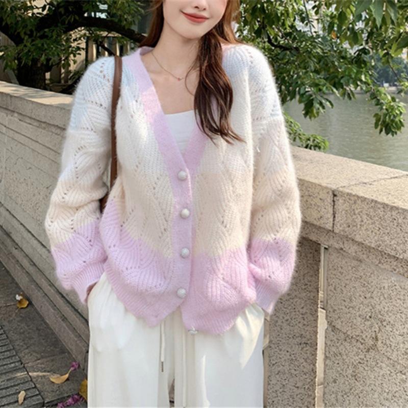 

Autumn and winter contrasting colors sweet knitted cardigan rainbow stripes color matching hollow V-neck loose top sweater jacket Average size 56-301 фіолетовий