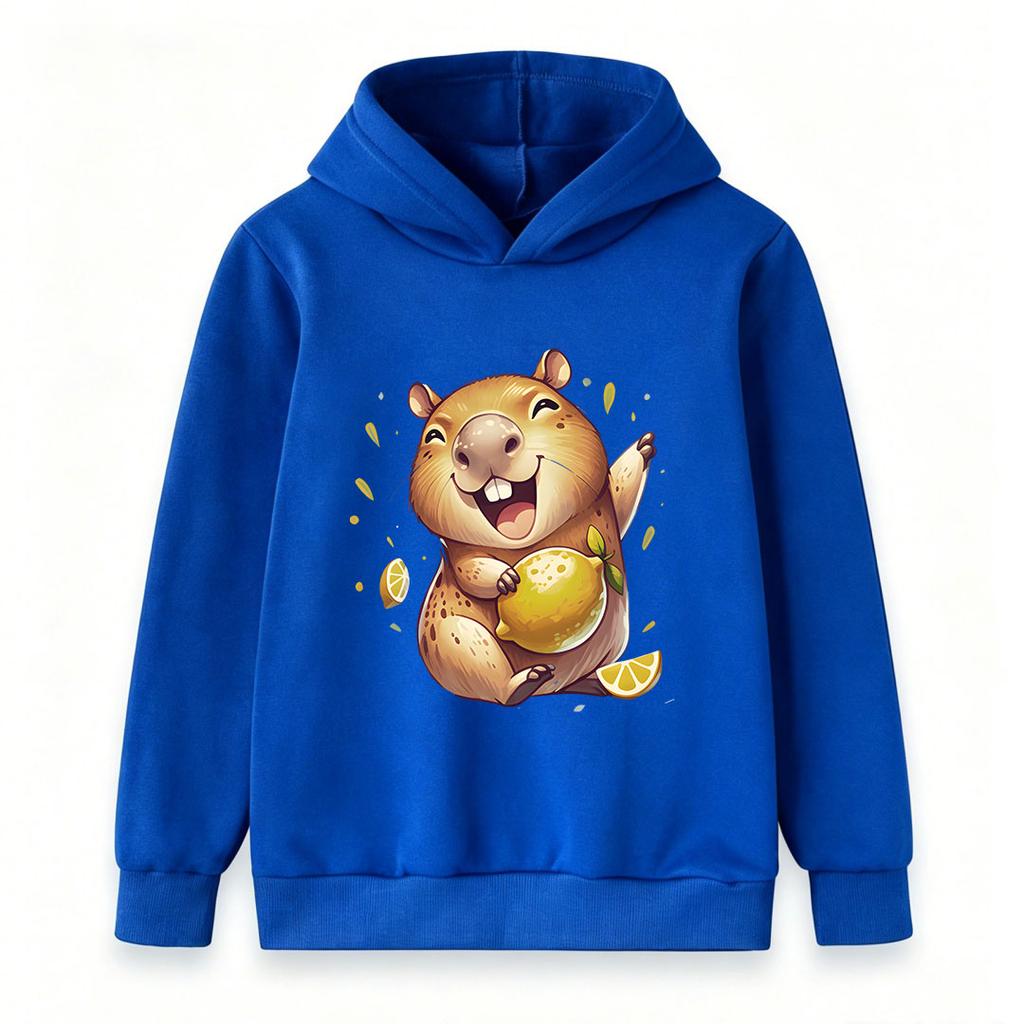 Kids Boys Girls Hooded Sweatshirt, Cute Happy Capybara Holding Lemon Print Pullover Hoodie, Soft Casual Long Sleeve Top for Children Daily Wear